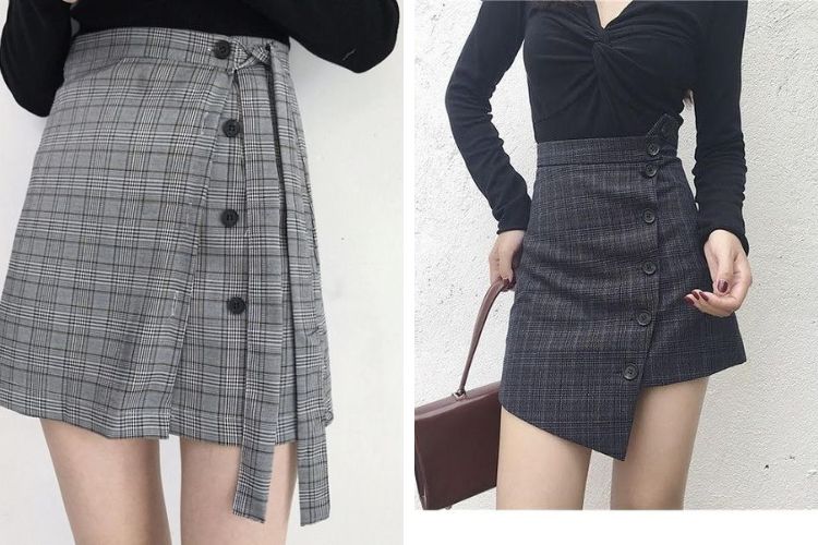 Chân váy caro xếp ly trước